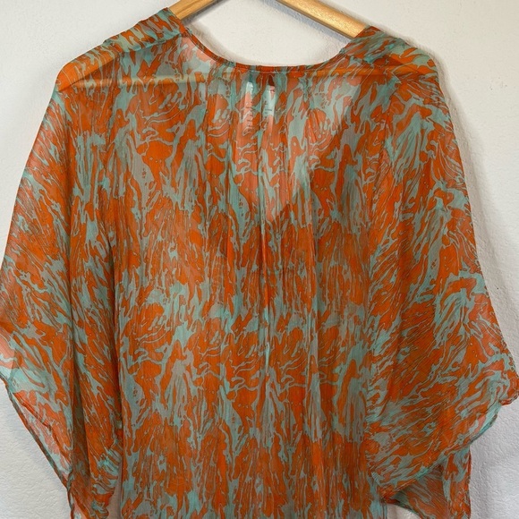 Jet Set 100% Silk Blue Orange V Neck Sheer Dramatic Sleeve Cover Up Top Boho SML - Picture 7 of 11
